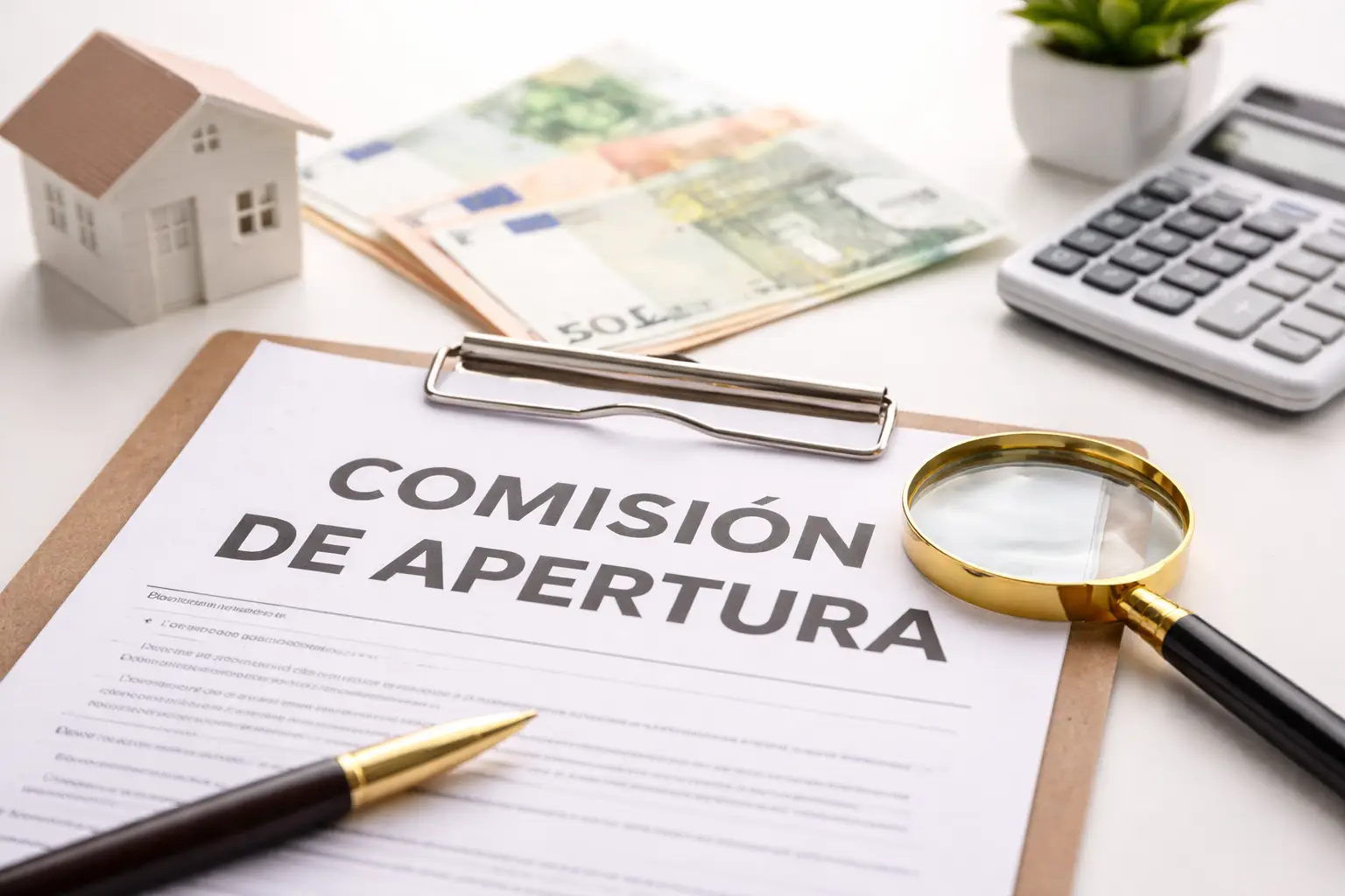 documento de comision de apertura con lupa, calculadora, billetes de euro y maqueta de casa en fondo claro
