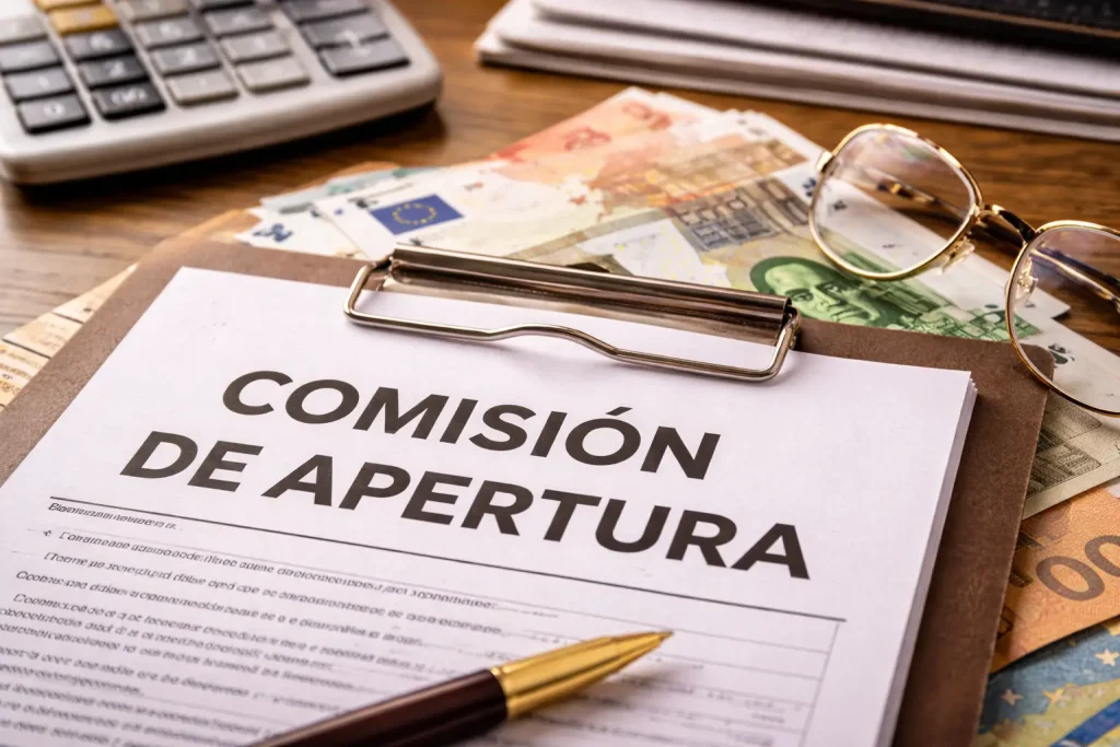 Documentación de préstamo y billetes de euro sobre una mesa, relacionada con la comisión de apertura