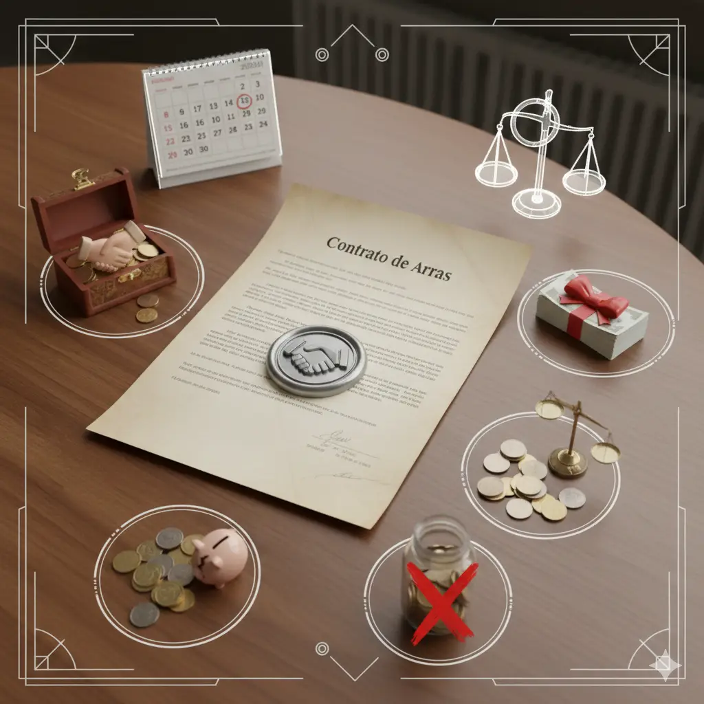 contrato de arras sobre una mesa con calendario, monedas y símbolos legales, representando señal, plazos y consecuencias si se rompe la compraventa