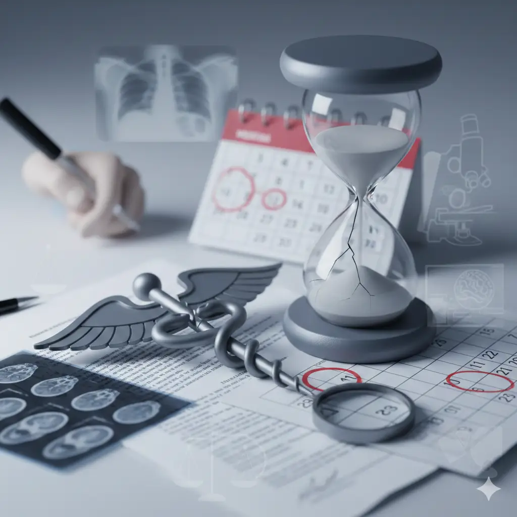reloj de arena y símbolo médico sobre un calendario y documentos clínicos, representando los plazos para reclamar una negligencia médica