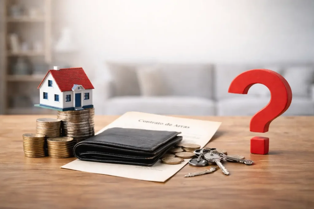 casa sobre monedas con cartera, llaves y contrato de arras junto a un signo de interrogación, representando la señal y sus consecuencias en la compraventa