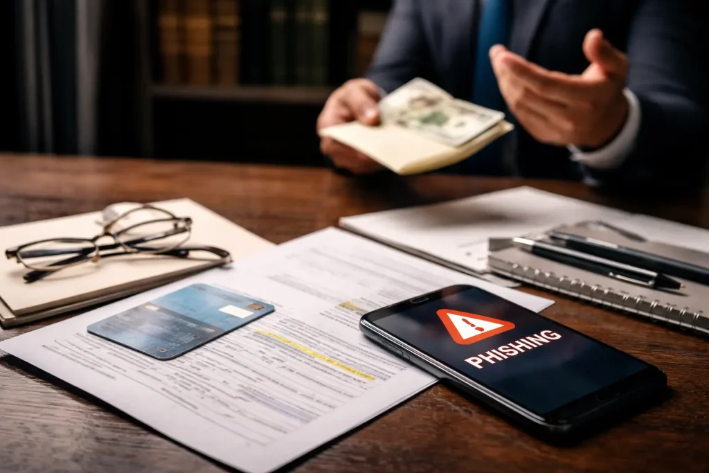 Movil con alerta de phishing bancario junto a tarjeta y documentos
