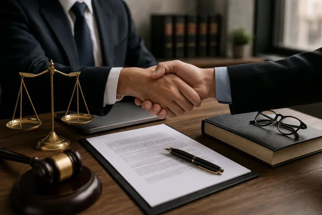 Acuerdo entre socios en despacho de abogados con apretón de manos y contrato sobre la mesa