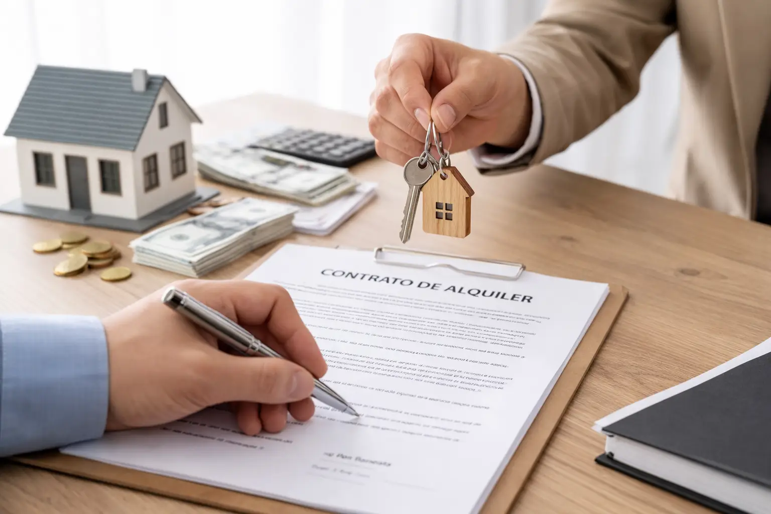 Firma de contrato de alquiler con entrega de llaves