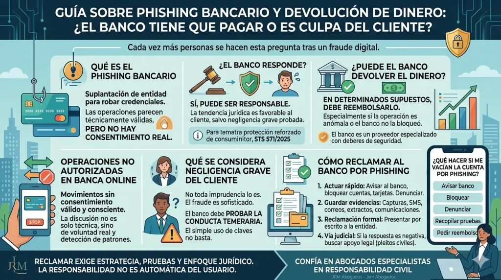 Guia: Phishing bancario, negligencia grave y devolución de dinero Infografía detallada sobre phishing bancario, responsabilidad del banco y pasos para reclamar la devolución del dinero.