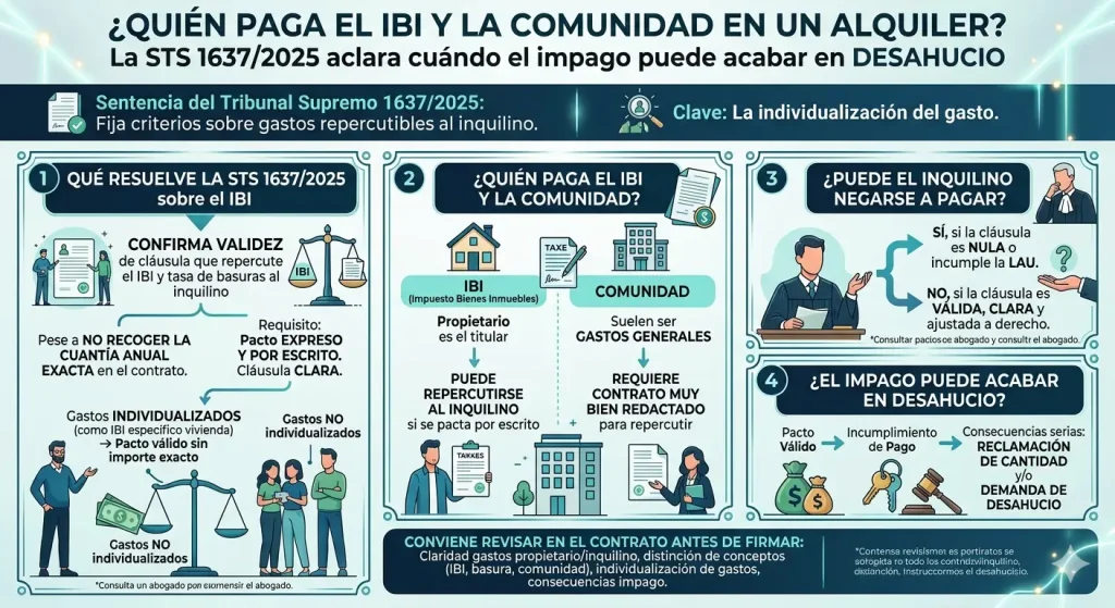 Infografía sobre quién paga el IBI y la comunidad en un alquiler según la STS 1637/2025.