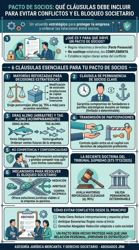pacto de socios clausulas para evitar conflictos y bloqueos Infografia sobre clausulas clave del pacto de socios para evitar conflictos y bloqueos societarios.