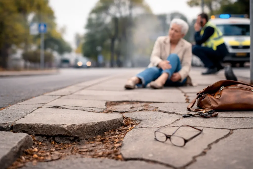 mujer tras una caida en una acera deteriorada de la via publica