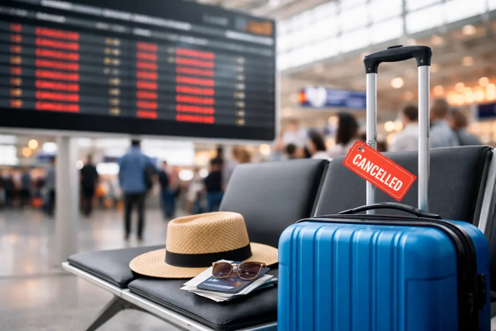 maleta en aeropuerto por cancelacion de vuelo con panel de salidas al fondo
