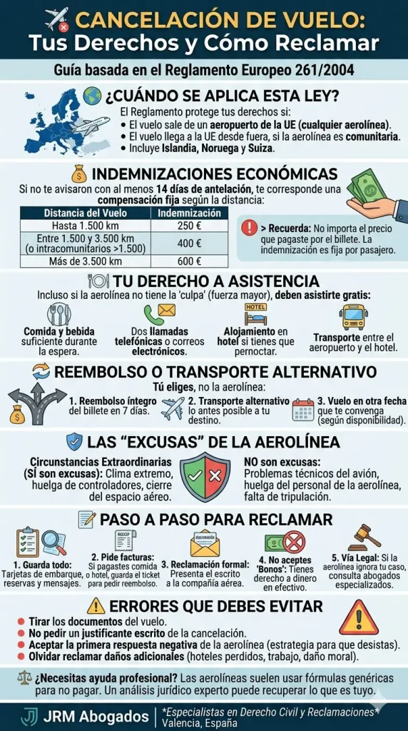 infografia sobre cancelacion de vuelo, derechos del pasajero y como reclamar indemnizacion
