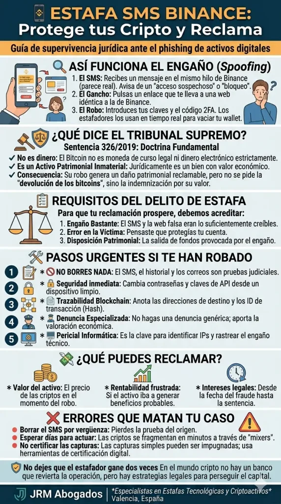 infografia sobre estafa por SMS falso de Binance, robo de criptomonedas y como reclamar