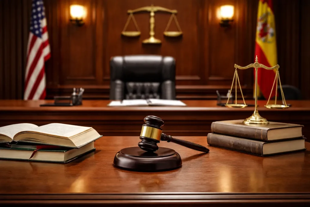 palestra de juez vacia en sala judicial con mazo y libros