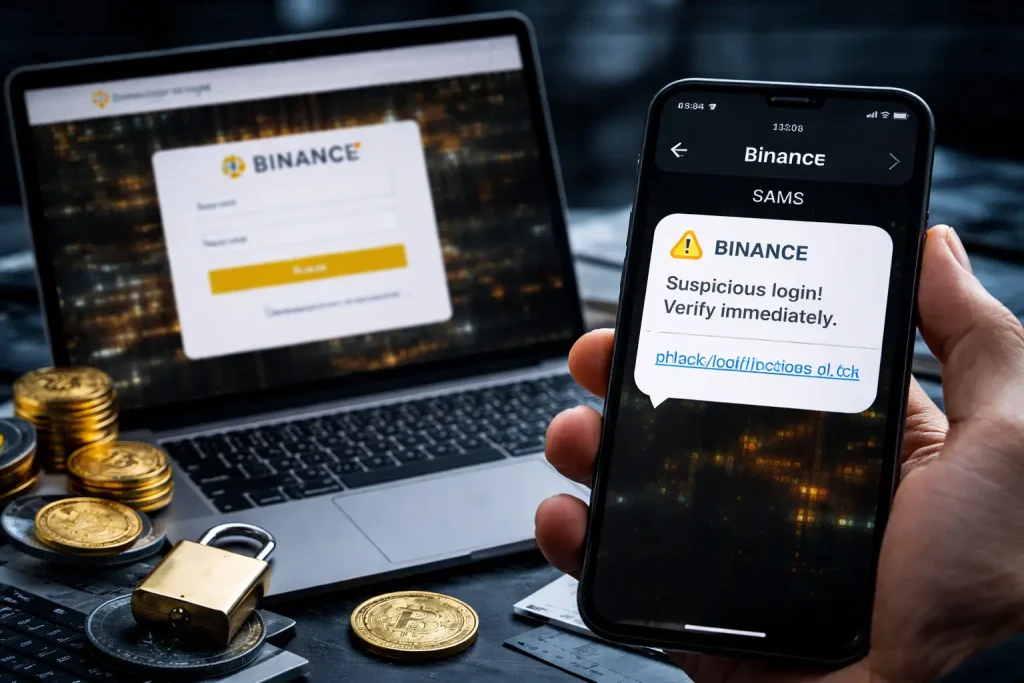 movil con SMS falso de Binance junto a portatil y monedas de criptomonedas