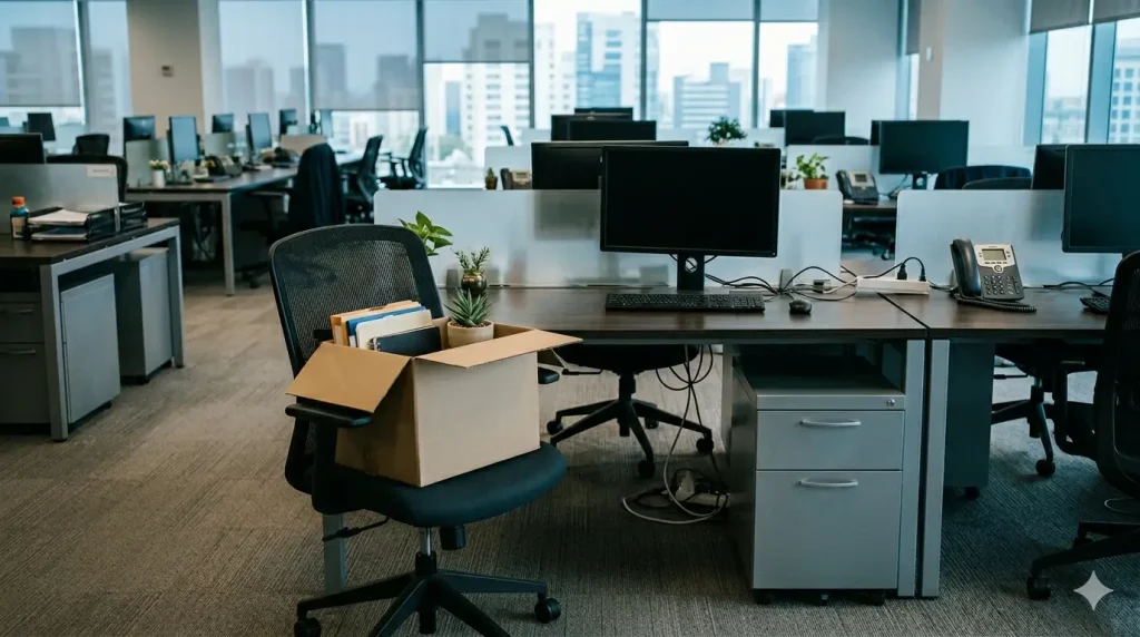 Oficina moderna vacía con una caja de mudanza sobre una silla, simbolizando la amortización de un puesto de trabajo y el despido objetivo.