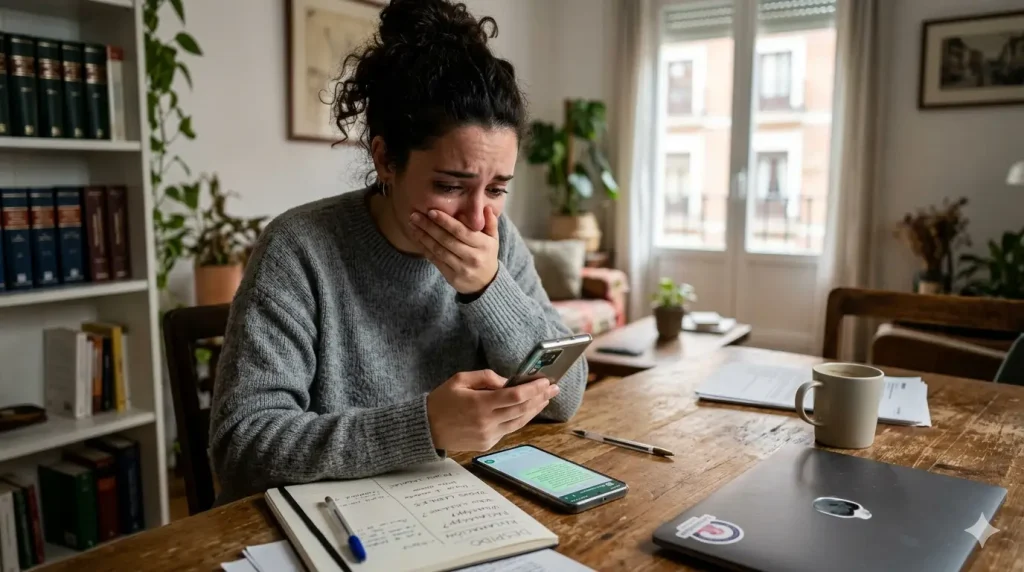 Mujer consternada en su escritorio mirando un mensaje de despido en su móvil junto a una libreta con notas sobre reclamaciones legales.