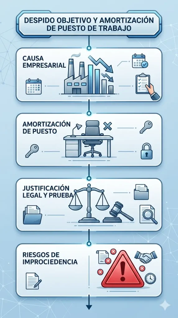 Infografía vertical que detalla las cuatro fases del despido objetivo: causa empresarial, amortización del puesto, justificación legal con pruebas y riesgos de improcedencia.