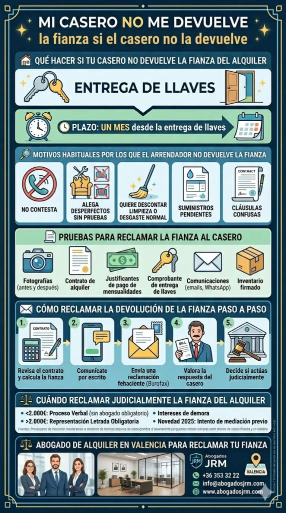 Infografía vertical sobre derecho de arrendamientos que detalla gráficamente el plazo de 30 días para la devolución de la fianza, la diferencia entre desgaste por uso y daños, y los pasos para la reclamación judicial de la fianza por especialistas legales.